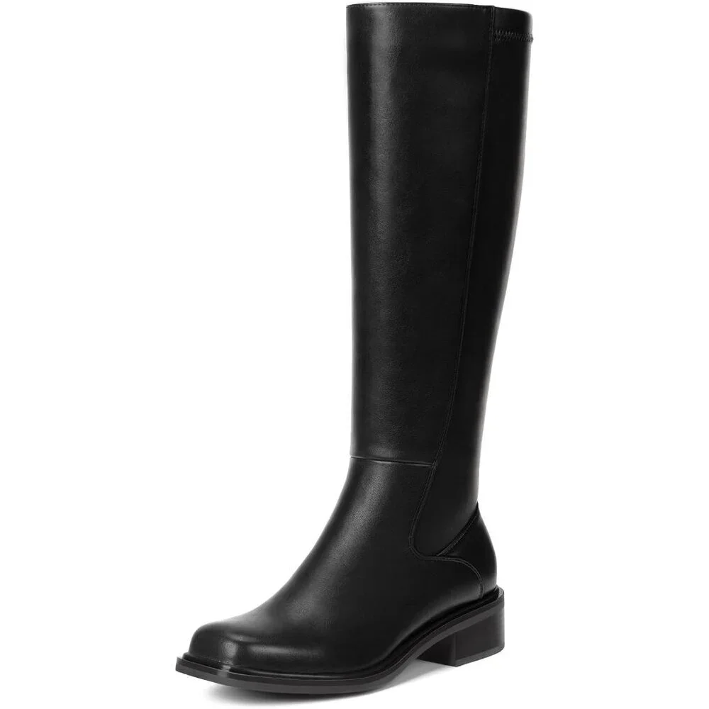 Women's Black Low Heel Square Toe Tall Knee High Side Zipper Boots Faux Leather
